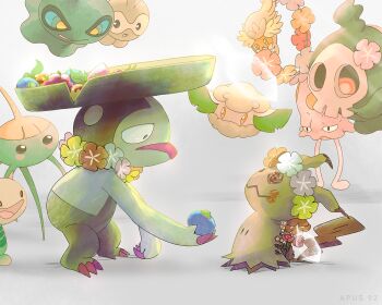 :d :o apus_92 berry_(pokemon) black_eyes bright_pupils castform comfey commentary_request cottonee duskull flower flower_wreath gen_2_pokemon gen_3_pokemon gen_5_pokemon gen_7_pokemon giving_food highres holding lombre looking_down mimikyu nintendo no_humans open_mouth oran_berry orange_eyes pink_flower pokemon pokemon_(creature) shuppet smile standing surskit toedscool tongue white_pupils wooper