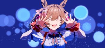 1girl absurdres animal_ears blush bow breasts brown_hair center_frills closed_eyes commentary_request frills hair_between_eyes hair_bow hair_ornament highres horse_ears horse_girl kurattes medium_hair multiple_hair_bows open_mouth pink_bow puffy_short_sleeves puffy_sleeves purple_bow shirt short_sleeves smart_falcon_(love_4ever)_(umamusume) smart_falcon_(umamusume) smile solo teeth twintails umamusume upper_body upper_teeth_only white_shirt wrist_cuffs