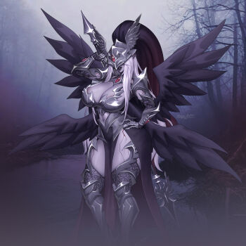 1girl abs absurdres angel angel_girl angel_wings arm_tattoo armor armored_dress artist_name bikini_armor body_markings breasts cleavage cleavage_cutout clothing_cutout colored_skin corruption covered_eyes curvy dark_valkyrie_(monster_girl_encyclopedia) dated day dress extra_wings fallen_angel fangs fog forest gauntlets gem hand_on_own_hip helmet highres jewelry kolga_art large_breasts leg_tattoo loincloth long_hair low_wings monster_girl monster_girl_encyclopedia monster_girl_encyclopedia_ii muscular muscular_arms muscular_female muscular_legs nature open_mouth outdoors overcast pale_skin polearm purple_skin revealing_clothes sagging_breasts sky spear tattoo teeth thick_thighs thighs tree valkyrie warrior water water_drop weapon white_hair wide_hips wings