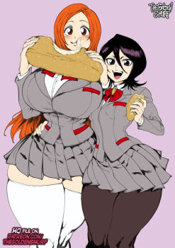 2girls artist_name asymmetrical_docking black_hair bleach bow bowtie bread breast_press breasts brown_eyes brown_pantyhose cheek_bulge closed_mouth collared_shirt commentary cowboy_shot crumbs curvy double-parted_bangs eating english_commentary food food_on_face grey_jacket grey_skirt hair_between_eyes hand_on_another's_waist hand_up hands_up holding holding_food huge_breasts inoue_orihime jacket karakura_high_school_uniform kuchiki_rukia light_blush long_hair long_hair_between_eyes long_sleeves looking_at_viewer medium_hair miniskirt multiple_girls narrow_waist open_mouth orange_hair paid_reward_available pantyhose parted_bangs patreon_username pear-shaped_figure pink_background pleated_skirt purple_eyes red_bow red_bowtie school_uniform shirt simple_background skindentation skirt small_breasts smile teeth the_golden_smurf thick_thighs thighhighs thighs upper_teeth_only very_long_hair white_shirt white_thighhighs wide_hips zettai_ryouiki