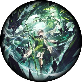 Rule 34 | 2girls, animal ears, arknights, black boots, blue eyes, boots, cat ears, coat, coat on shoulders, command:meltdown (e.g.o), dress, e.g.o (project moon), game cg, green dress, green eyes, kal'tsit (arknights), lab coat, limbus company, mon3tr (arknights), multiple girls, nai ga, necktie, official art, project moon, shirt, sword, weapon, white hair, white shirt, yellow necktie, zweihander