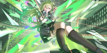 1girl black_skirt black_socks chewing_gum green_hair gun kanghrrs lynae_(wuthering_waves) pointing pointing_at_viewer purple_eyes skirt socks solo weapon wuthering_waves