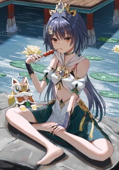 1girl absurdres anklet bare_legs bare_shoulders barefoot berrypheasant_skewer_(honkai:_star_rail) bra bridal_gauntlets chewing chinese_clothes choker commentary_request crossed_legs detached_collar detached_sleeves diting_(honkai:_star_rail) eating food food_on_face from_side full_body green_skirt grey_eyes grey_hair hair_between_eyes hair_ornament hairclip hand_on_own_ankle hand_up head_tilt headpiece highres holding holding_skewer honkai:_star_rail honkai_(series) jewelry long_hair looking_at_viewer looking_to_the_side low_twintails multicolored_eyes oiro_ik on_rock orange_eyes pendant red_nails rock shade short_sleeves sitting skewer skirt stomach tanghulu twintails underwear water yunli_(honkai:_star_rail)