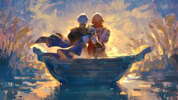 2boys antenna_hair arm_tattoo armlet armor back_tattoo black_coat black_shirt blonde_hair boat cape chinese_commentary coat commentary_request floating_cape gradient_hair hand_on_another&#039;s_waist highres honkai:_star_rail honkai_(series) jewelry male_focus medium_hair multicolored_hair multiple_boys mydei_(honkai:_star_rail) on_boat open_clothes open_coat pauldrons phainon_(honkai:_star_rail) red_cape red_hair shirt short_hair shoulder_armor side_cape single_pauldron sun_print tattoo watercraft wheat_field white_hair yuqiu777