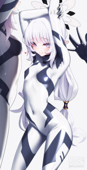 Rule 34 | 1girl, absurdres, arched back, arms up, blue archive, blush, bodysuit, breasts, covered erect nipples, covered navel, halo, highres, himari (blue archive), himari (bodysuit) (blue archive), impossible bodysuit, impossible clothes, long hair, looking at viewer, maguro27, mole, mole under eye, multicolored halo, official alternate costume, pointy ears, purple eyes, simple background, skin tight, small breasts, smile, standing, very long hair, white background, white bodysuit, white hair, white halo
