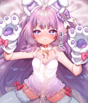 1girl animal_ears animal_hands azur_lane blush censored cum cum_on_body fake_animal_ears gloves highres large_variant_set loli long_hair paid_reward_available paw_gloves purple_hair solo tashkent_(azur_lane) thighhighs variant_set white_thighhighs yufukiri