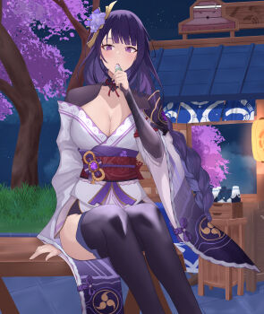 1girl absurdres asymmetrical_sleeves blunt_bangs blush bottle braid breasts cleavage collarbone dango_milk_(genshin_impact) drinking eyeliner fan_hair_ornament flower flower_ornament genshin_impact hair_ornament head_tilt highres holding holding_bottle huahomu huge_breasts inazuma_city japanese_clothes kimono long_braid long_hair makeup mitsudomoe_(shape) neck_ribbon no_mole off_shoulder on_bench open_mouth outdoors purple_eyes purple_flower purple_hair purple_kimono purple_thighhighs raiden_shogun red_eyeliner red_ribbon red_sash ribbon sash shade shy single_braid sitting solo thighhighs tomoe_(symbol) uneven_sleeves upper_body wide_sleeves