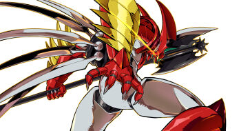 axe from_side getter_arc getter_robo getter_robo_arc highres holding holding_axe leaning_forward mecha mecha_focus mechanical_wings no_humans open_mouth pillar_buster robot science_fiction sharp_teeth solo super_robot teeth white_background wings yellow_eyes