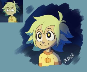 1girl black_eyes blonde_hair blue_hair closed_mouth long_sleeves looking_afar rozzarilla scene_reference short_hair signature smile sweater the_owl_house upper_body vee_(the_owl_house) yellow_pupils yellow_sweater