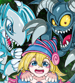 Rule 34 | 1girl, 2others, black skin, blonde hair, bloodshot eyes, blue-eyes toon dragon, blue-eyes white dragon, blue eyes, blush stickers, clawed feet, claws, colored sclera, colored skin, commentary, dark magician girl, demon, demon horns, demon wings, dragon, dragon wings, duel monster, ghost pose, hair between eyes, hat, horns, koyukiyasu, long hair, looking at viewer, multiple others, open mouth, red eyes, sharp teeth, smile, teeth, toon dark magician girl, toon summoned skull, upper teeth only, vambraces, wings, yellow sclera, yu-gi-oh!