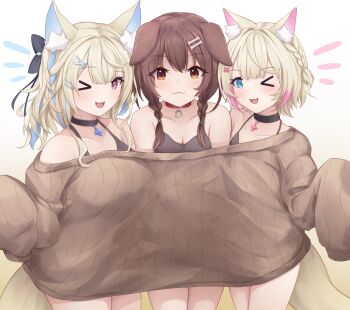>_o 3girls animal_ears bare_shoulders black_choker blonde_hair blue_eyes blue_hair blush bone_hair_ornament braid breasts brown_eyes brown_hair choker cleavage closed_mouth collarbone dog_ears dog_girl dog_tail fuwawa_abyssgard hair_ornament hairclip highres hololive hololive_english inugami_korone kyl490 long_hair medium_breasts mococo_abyssgard multicolored_hair multiple_girls notice_lines one_eye_closed open_mouth parallel_hairclips pink_eyes pink_hair short_hair siblings simple_background sisters smile sweater tail twin_braids twins virtual_youtuber white_background x_hair_ornament
