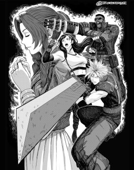 2boys 2girls absurdres aerith_gainsborough armor baggy_pants bangle bare_shoulders barret_wallace beard belt black_bra black_gloves black_skirt black_thighhighs bra bracelet braid braided_ponytail breasts buster_sword clenched_hands closed_eyes cloud_strife crop_top cropped_jacket dark-skinned_male dark_skin dress earrings elbow_gloves facial_hair feet_out_of_frame fighting_stance final_fantasy final_fantasy_vii final_fantasy_vii_remake fingerless_gloves furrowed_brow gloves greyscale hair_ribbon hair_tie highres holding holding_sword holding_weapon jewelry long_hair low-tied_long_hair medium_breasts midriff monochrome multiple_belts multiple_boys multiple_girls open_mouth own_hands_clasped own_hands_together pants parted_bangs parted_lips pauldrons praying prosthetic_weapon ribbon seveninks shirt short_hair shoulder_armor shoulder_tattoo shouting sidelocks single_braid single_pauldron skirt skull_tattoo sleeveless sleeveless_shirt sleeveless_turtleneck spiked_hair sports_bra sunglasses suspenders sword tattoo thighhighs tifa_lockhart turtleneck underwear very_short_hair vest weapon white_shirt