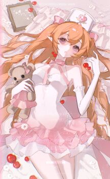 1girl absurdres bare_shoulders breasts cowboy_shot double-parted_bangs dress elbow_gloves gloves hand_up hat highres long_hair loobookk lying medium_breasts on_back orange_hair original parted_lips pink_dress pointy_ears purple_eyes sleeveless sleeveless_dress solo stuffed_animal stuffed_toy teddy_bear two_side_up watermark white_gloves white_hat