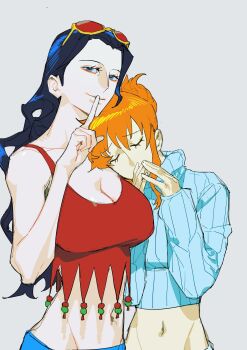 2girls blue_eyes closed_eyes commentary eyelashes eyewear_on_head finger_to_mouth hair_bun hair_slicked_back head_on_another's_shoulder highres long_hair looking_at_viewer midriff multiple_girls nami_(one_piece) navel nico_robin one_piece shushing simple_background sweater taobuliaoke turtleneck turtleneck_sweater vertical-striped_sweater white_background