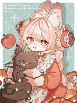 1girl ahoge alternate_costume animal_ear_fluff animal_ear_piercing animal_ears apple blush braid braided_twintails bright_pupils brown_cat cat christmas_lights commentary_request dotted_line food fruit furry furry_female green_background hana_(nemukunai87) highres jacket long_hair looking_at_viewer open_mouth pink_fur pink_hair rabbit_ears rabbit_girl red_eyes red_jacket screw short_eyebrows solo sparkle thick_eyebrows upper_body white_pupils zenless_zone_zero zhao_(zenless_zone_zero)