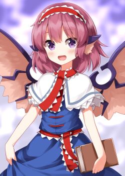 1girl :d alice_margatroid alice_margatroid_(cosplay) animal_ears bird_ears bird_girl bird_wings blue_dress blurry blurry_background blush book capelet commentary_request completion_time cosplay cowboy_shot dress hairband highres holding holding_book looking_at_viewer mystia_lorelei open_mouth pink_hair purple_background purple_eyes red_hairband ruu_(tksymkw) short_hair short_sleeves skirt_hold smile solo touhou white_capelet wings