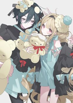 ahoge bad_source black_hair blush bow dress hair_ornament hairband highres holding holding_stuffed_toy long_hair long_sleeves pantyhose red_eyes smile stuffed_animal stuffed_toy teddy_bear yuanyunyu_3y