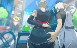 ! 1boy 1girl ? animated arm_behind_back arms_behind_head ass ass_focus ass_grab blonde_hair curvy detached_sleeves from_behind gintama gold_bar hairdressing huge_ass looping_animation manilla sakata_gintoki short_hair tsukuyo tsukuyo_(gintama) very_short_hair video white_hair wide_hips