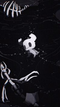 1other animal_skeleton black_eyes cloak commentary english_commentary english_text greyscale highres hightguy hollow_knight horns knight_(hollow_knight) lying monochrome on_side other_focus partially_submerged solo wide_shot