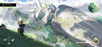 1girl absurdres artist_name asteroid_ill bird blonde_hair blue_sky cloak cloud commentary fake_screenshot giant_skeleton highres holding holding_suitcase iris_(asteroid_ill) long_hair minimap original scenery skeleton sky solo suitcase tree user_interface water