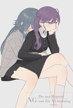 2girls between_legs black_dress black_skirt blush closed_eyes commentary dress gakuen_idolmaster green_hair grey_jacket highres holding_hands hug hug_from_behind idolmaster jacket kaya_rinha kneehighs marokan_(mali3643) multiple_girls plaid_clothes plaid_jacket pleated_skirt purple_background purple_eyes purple_hair simple_background skirt socks tsukimura_temari twintails watermark white_socks yuri