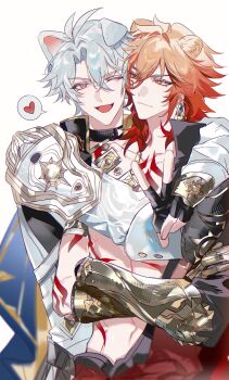 Rule 34 | 2boys, absurdres, animal ears, antenna hair, arm around shoulder, arm tattoo, armlet, armor, black choker, black coat, black shirt, blonde hair, blue eyes, braid, chest tattoo, chinese commentary, choker, clawed gauntlets, coat, commentary request, crossed arms, dog boy, dog ears, earrings, facial tattoo, gold earrings, gold necklace, gradient hair, heart, highres, honkai: star rail, honkai (series), hug, jewelry, liaoxiaoyan0919, lion boy, lion ears, male focus, medium hair, multicolored hair, multiple boys, mydei (honkai: star rail), neck tattoo, necklace, one eye closed, open clothes, open coat, parted bangs, pauldrons, phainon (honkai: star rail), red hair, red tattoo, shirt, short hair, shoulder armor, side braid, simple background, single pauldron, spoken heart, tattoo, white background, white coat, white hair, yaoi, yellow eyes