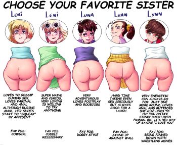 5girls absurdres age_difference aged_down ass ass_focus ass_freckles bare_legs blonde_hair blue_shirt blush body_freckles bored bottomless braces brown_hair buck_teeth caption clothes_lift curvy dress earrings eyelashes eyewear_on_head feminine flipz89 freckles from_behind green_dress grin hair_tie highres huge_ass jewelry legs legs_apart legs_together leni_loud loli long_eyelashes lori_loud luan_loud luna_loud lynn_loud medium_hair mole mole_on_ass mole_on_leg multiple_girls nickelodeon no_panties no_pants panties panty_pull paramount_pictures perineum ponytail presenting presenting_ass purple_shirt shirt short_hair siblings simple_background sisters skirt sleeveless sleeveless_shirt smile source_request sunglasses take_your_pick tan teeth text_focus the_loud_house thick_thighs thighs third-party_edit tomboy uncensored underwear white_background white_shirt y_shaped_butt_crack yellow_skirt