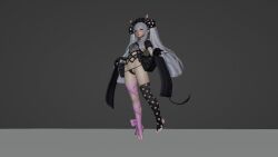 1girl 2023 3d adjusting_clothes animated asymmetrical_legwear ball bat_wings black_bonnet black_bow black_cape black_panties black_sleeves black_thighhighs blunt_bangs bonnet bow bow_legwear breasts cape clothes_pull collar commentary deborah_(under_the_witch) demon_girl demon_tail detached_collar detached_sleeves ewhitewolf fang female_focus fishnet_gloves fishnets floating full_body gloves groin hair_ornament headgear highres idle_animation juliet_sleeves loli long_sleeves looping_animation multiple_views nail_polish navel o-ring panties pink_lips pink_nails pink_ribbon plantar_flexion polka_dot prehensile_tail puffy_sleeves purple_eyes revealing_clothes ribbon ribbon-trimmed_legwear ribbon_trim see-through_clothes simple_background skin_fang small_breasts smile solo stirrup_legwear striped_clothes striped_panties tail tail_around_own_leg thighhighs toeless_legwear toenail_polish toenails under_the_witch underwear unfinished video waist_cape white_background white_collar white_hair wings