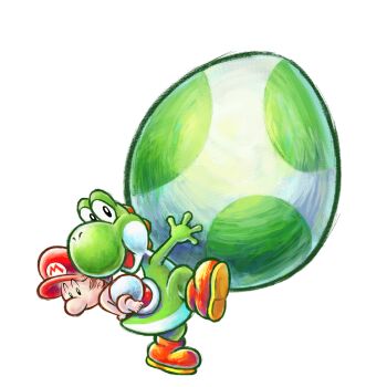 1boy absurdres baby baby_mario boots brown_boots brown_hair colored_skin diaper egg green_skin green_yoshi harada_masamichi hat highres mario mario_(series) multiple_boys nintendo official_art open_mouth red_hat short_hair simple_background third-party_source transparent_background yoshi yoshi&#039;s_new_island yoshi_egg