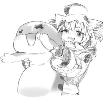 1girl :3 :d ahoge belly commentary cropped_torso dahaidan english_commentary fingerless_gloves gigi_murin gigi_murin_(1st_costume) gloves grem_(gigi_murin) greyscale hair_through_hood highres hololive hololive_english hood hood_up hooded_shrug huge_ahoge long_sleeves mascot monochrome open_mouth shrug_(clothing) simple_background smile upper_body virtual_youtuber white_background