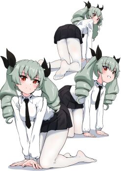 1girl all_fours anchovy_(girls_und_panzer) anzio_school_uniform blush breasts buchikaki closed_mouth commentary_request drill_hair girls_und_panzer green_hair hair_ribbon highres long_hair looking_at_viewer miniskirt multiple_views pantyhose red_eyes ribbon school_uniform simple_background skirt small_breasts smile twin_drills twintails white_background white_pantyhose