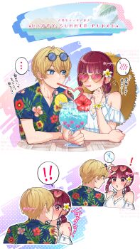 1boy 1girl absurdres arima_kana bare_shoulders beach bikini bikini_under_clothes blonde_hair blue_eyes blush bob_cut bracelet breasts cleavage collarbone commentary_request cup day dress drink drinking drinking_glass drinking_straw eyewear_lift flower flower_bracelet food hair_flower hair_ornament hat hawaiian_shirt heart heart-shaped_eyewear hetero highres hoshino_aquamarine if_they_mated inverted_bob jewelry junjonta kiss medium_hair ocean oshi_no_ko ponytail red_eyes red_hair shared_drink shirt short-sleeved_shirt short_hair short_ponytail sky sleeveless sleeveless_dress soda star_(symbol) star_in_eye straw_hat sunglasses swimsuit symbol_in_eye unworn_hat unworn_headwear upper_body white_dress wristband