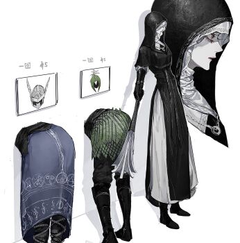 1girl 2boys absurdres armor black_bodice black_boots black_capelet black_hood blue_surcoat boots capelet dress elden_ring elden_ring_nightreign helmet highres holding holding_mace holding_weapon hood hood_up ironeye_(elden_ring) lower_body mace multiple_boys multiple_views nun photo_(object) red_eyes scale_armor standing stuck sunset_1830 through_wall undertaker_(elden_ring) weapon white_dress winged_helmet wylder_(elden_ring)