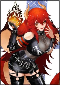 Rule 34 | 1girl, belt, black belt, black collar, black nails, black shirt, black thighhighs, breasts, cleavage, collar, cross, cross necklace, dragon girl, dragon horns, dragon tail, dragon wings, fang, fang out, fingernails, fire, gloves, highres, horns, indie virtual youtuber, jewelry, kurohane (krhne works), large breasts, long hair, looking at viewer, nail polish, necklace, o-ring, o-ring legwear, red hair, sharp fingernails, shirt, smile, solo, spiked belt, spiked collar, spikes, tail, thighhighs, tongue, tongue out, virtual youtuber, wings, yellow eyes, zentreya, zentreya (dragon), zentreya (dragon) (metalheads)