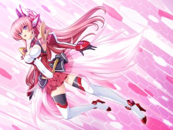 1girl :d bare_shoulders black_gloves black_thighhighs boots breasts chest_jewel cleavage covered_erect_nipples covered_navel detached_sleeves dutch_angle elbow_gloves exs-tia_chevalier exs-tia_chevalier_(exs-tia_2) full_body game_cg gloves headgear high_heel_boots high_heels honeycomb_(pattern) inoino kouyoku_senki_exs-tia leotard long_hair looking_at_viewer magical_girl medium_breasts non-web_source official_art open_mouth pink_hair pleated_skirt ponytail purple_eyes red_skirt rieszverne_suzette_paladill skirt smile solo thigh_boots thighhighs very_long_hair zettai_ryouiki