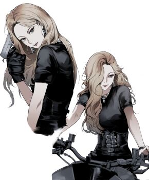 1girl black_gloves black_shirt blonde_hair corset earrings gloves gun highres holding holding_gun holding_weapon jewelry kim_lip long_hair loona_(group) motor_vehicle motorcycle multiple_views shirt simple_background smile t-shirt weapon white_background yori_(yooo_ri)