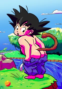 1boy :o absurdres ass back barefoot black_eyes black_hair blue_sky clothes_pull cloud cloudy_sky day dougi dragon_ball dragon_ball_(classic) dragon_ball_(object) from_behind full_body grass highres looking_back looking_down male_focus monkey_tail moon mooning nature open_mouth outdoors pants rock shota signature sky solo son_goku spiked_hair standing tail tree undressing water