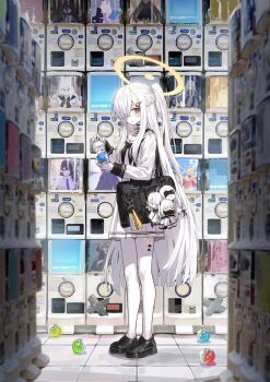 Rule 34 | 1girl, bag, black bag, black neckerchief, black shoes, blue archive, character doll, doll, ein (blue archive), gashapon, hair over one eye, halo, highres, kokukyukeo, long hair, malkuth (blue archive), neckerchief, ohr (blue archive), one side up, school uniform, serafuku, shirt, shoes, shoulder bag, skirt, sof (blue archive), solo, symbol-shaped pupils, very long hair, white hair, white serafuku, white shirt, white skirt, x-shaped pupils, yellow eyes, yellow halo