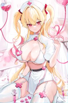 1girl absurdres blonde_hair blurry blush bra breasts cardiogram cleavage closed_mouth commentary commission cross cross_print curtains demonia_(hiyono) depth_of_field gurami_(zangizarang) hair_between_eyes hair_intakes hair_ribbon hand_up hat heart heart-shaped_ornament heart_ornament high-waist_skirt highres indoors intravenous_drip large_breasts legs_folded long_hair looking_at_viewer monitor multicolored_hair nurse nurse_cap original pencil_skirt pill pink_eyes pink_hair pink_trim red_ribbon ribbon shrug_(clothing) sidelocks sitting skirt smile solo symbol-only_commentary syringe thighhighs thighs twintails underboob underwear very_long_hair white_bra white_shrug white_skirt white_thighhighs
