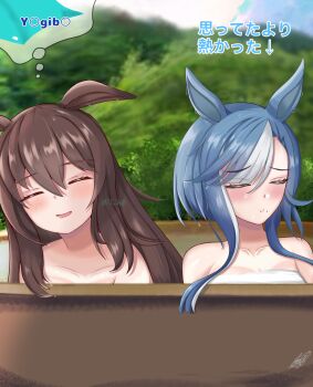 2girls admire_groove_(umamusume) admire_vega_(umamusume) alternate_hairstyle animal_ears bare_shoulders bathing blue_hair brown_hair closed_eyes collarbone commentary_request drooling facing_viewer hair_down highres horse_ears horse_girl long_hair mole mole_under_mouth mouth_drool multicolored_hair multiple_girls onsen sakaki_yana short_hair_with_long_locks signature streaked_hair twitter_username umamusume upper_body white_hair yogibo