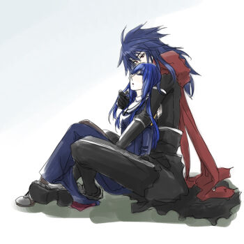 1boy 1girl assassin_cross_(ragnarok_online) black_cape black_pants black_shirt blue_dress blue_hair cape closed_eyes commentary_request couple cross cross_necklace dress eremes_guile full_body hetero jewelry long_hair looking_at_another necklace open_mouth pants priest_(ragnarok_online) ragnarok_online red_eyes red_scarf scarf shirt simple_background sitting sitting_on_lap sitting_on_person toriria torn_cape torn_clothes waist_cape white_background