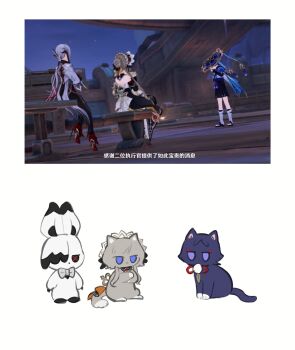 1boy 2girls animal_print animalization arlecchino_(genshin_impact) bird_print black_bow black_bridal_gauntlets black_collar black_dress black_eyes black_hair black_hands black_pants black_sandals black_shorts black_sleeves blue_cape blue_hat bow bowtie bridal_gauntlets brown_hair cape cat chair chinese_text closed_mouth coattails collar colored_extremities detached_collar detached_sleeves dress eyeliner eyeshadow feathers frilled_sleeves frills furisode gem genshin_impact gloves gold grey_cat hair_bow hair_bun hair_over_one_eye hakama hakama_shorts hand_on_own_arm hand_up hat hat_tip head_down high_heels highres jacket japanese_clothes jingasa kimono leg_warmers long_sleeves low_ponytail makeup mandala multiple_girls night night_sky outdoors pants pleated_shorts pom_pom_(clothes) ponytail purple_cat purple_eyes purple_rope purple_sash red_eyeliner red_eyeshadow red_gemstone red_pupils red_shoes rope sandals sandrone_(genshin_impact) sash scaramouche_(cat)_(genshin_impact) scaramouche_(genshin_impact) screenshot_inset shoes short_hair short_hair_with_long_locks shorts shoulder_blades single_hair_bun sitting sky standing star_(sky) starry_sky string suit_jacket symbol-shaped_pupils table tassel toes translation_request wanderer_(genshin_impact) white_background white_bow white_bowtie white_gloves white_hair white_headdress white_jacket white_kimono white_leg_warmers white_rabbit_(animal) white_sleeves winding_key x-shaped_pupils yellow_bow yellow_feathers yue18yi zouri