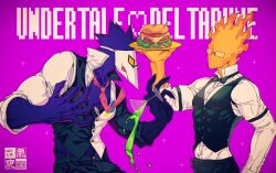 2boys absurdres acid bird black_pants burger crossover deltarune elemental_(creature) fire fire_elemental food glasses grillby highres mask multiple_boys necktie no_mouth pants pink_necktie swatch_(deltarune) tongue tongue_out undertale uniform utdr_(toby_fox) waiter yokaze_(xxxdisxxx)