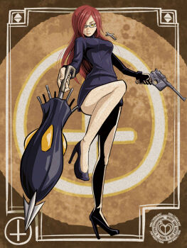 1girl a-type_corporation bare_legs bespectacled breasts closed_umbrella cross female_focus glasses gun hair_over_one_eye handgun high_heels highres krieg_(skullgirls) large_breasts lips long_hair mauser_c96 miniskirt parasoul_(skullgirls) red_hair semi-rimless_eyewear shoes skirt skullgirls solo sweater taut_clothes umbrella under-rim_eyewear weapon yellow_eyes