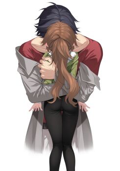 Rule 34 | 1boy, 1girl, ass, black hair, black pants, brown hair, collarbone, covered face, eiyuu densetsu, green jacket, grey jacket, hakuleg, hetero, highres, hug, implied kiss, jacket, kuro no kiseki, kuro no kiseki (series), kuro no kiseki ii, pants, ponytail, rean schwarzer, red shirt, shirt, simple background, skin tight, towa herschel, white background, white shirt
