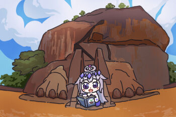 1girl 1other animal_hands bing_huyue blush_stickers book chest_jewel chibi cloud cloudy_sky commentary english_commentary fortress gem gem_hair_ornament hair_flaps hand_jewel highres hololive hololive_english koseki_bijou koseki_bijou_(1st_costume) long_hair open_mouth pebble_(koseki_bijou) purple_eyes purple_gemstone purple_hair purple_shoes real_world_location rock shoes sigiriya sitting sky sri_lanka virtual_youtuber