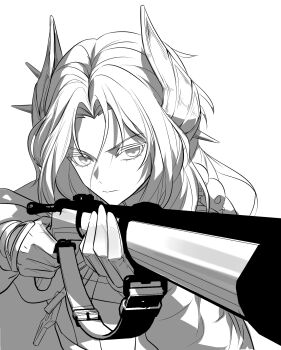 Rule 34 | 1girl, closed mouth, gloves, greyscale, gun, hair ornament, hands up, highres, holding, holding gun, holding weapon, jeck zero, long hair, looking at viewer, monochrome, reverse:1999, rifle, sentinel (reverse:1999), solo, upper body, v-shaped eyebrows, weapon, white background