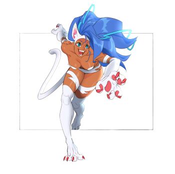 1girl animal_ears animal_hands bare_shoulders blue_eyes blue_hair breasts cat_ears cat_tail dark-skinned_female dark_skin darkstalkers fangs felicia_(darkstalkers) julian_futanto large_breasts long_hair tail very_long_hair white_fur