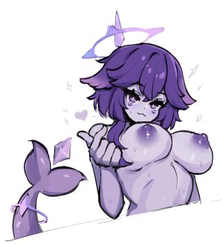 bebatch breasts colored_skin commission fins fish_tail halo halo_around_horn heart highres indie_virtual_youtuber large_breasts megalodon_(vtuber) nipples purple_hair purple_skin shark_girl shark_tail tail virtual_youtuber white_background