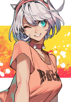 1girl blue_eyes bob_cut breasts elphelt_valentine grey_hair guilty_gear guilty_gear_strive hairband hungry_clicker one_eye_closed parted_lips pink_hairband pink_shirt shirt short_hair smile solo spiked_hairband spikes upper_body